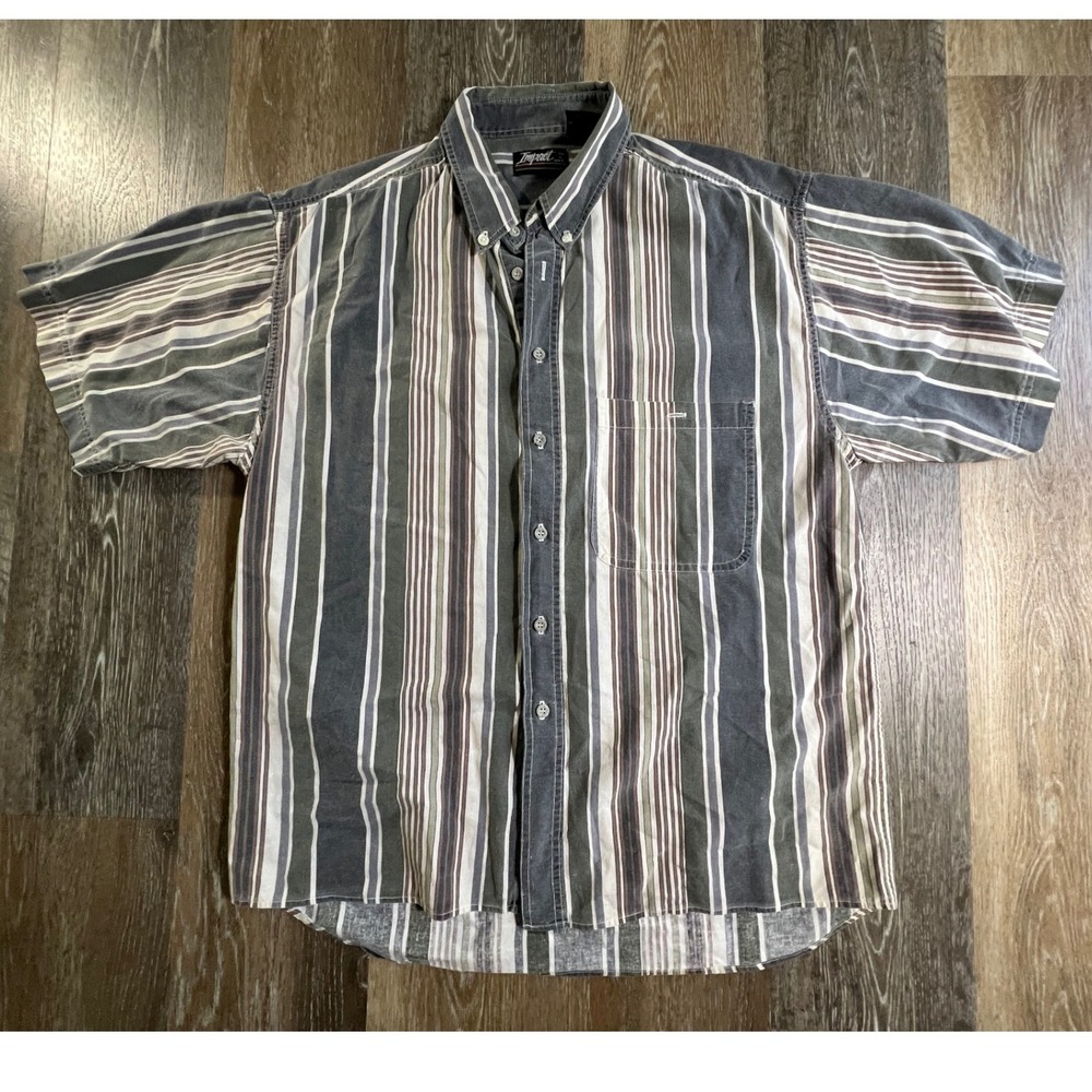 Impact Button Up Shirt Mens Large Grey Striped Short Sleeve Vintage Cotton